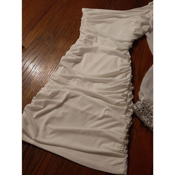 Small Jodi Kristopher Ruched One Shoulder Cold Shoulder Rhinestone Bodycon Dress - Picture 3 of 6